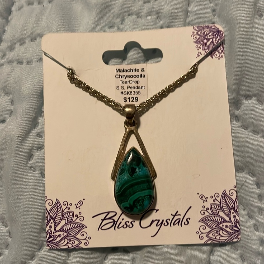 Malachite Chrysocolla cabochon pendant in .925 sterling silver, never worn